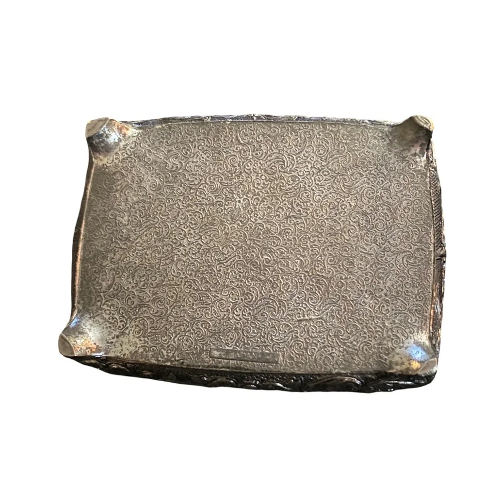 Vintage Pedestal Trinket Box Silver Red Metal Ring Hinged Jewelry Vanity Display